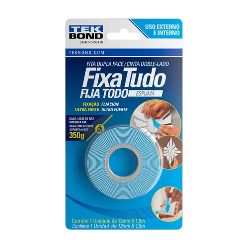Fita Dupla Face Espuma Branca Fixa Tudo 12mmx1,5m Tekbond