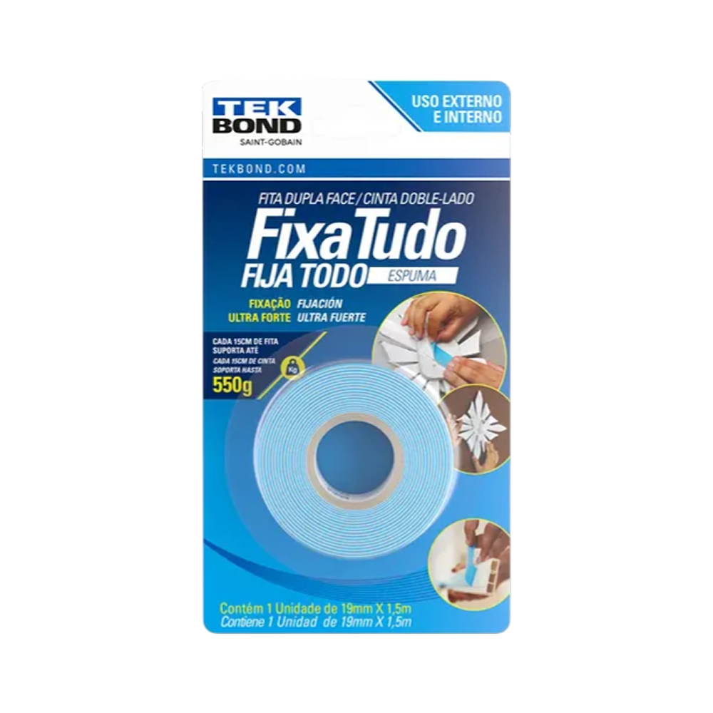 Fita Dupla Face Espuma Branca Fixa Tudo 19mmx1,5m Tekbond