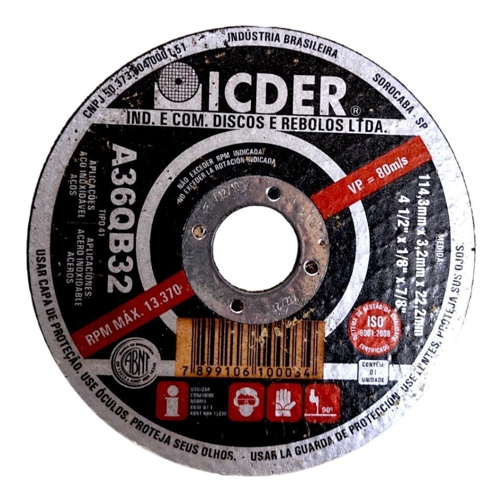 Disco Corte Ferro 115mm P/Esmerilhadeira 4.1/2"Icder A36QB32