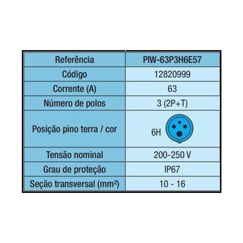Plugue Macho Azul 220v 63a 3 polos - Weg PIW-63P3H6E57