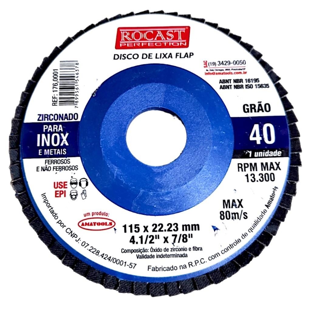 Disco lixa flap Nylon Zirconio Inox/Ferro 115mm 40 Rocast