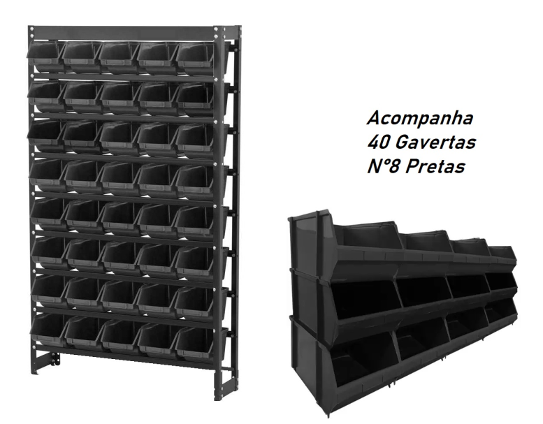 Kit Estante Gaveteiro Com Estrutura e 40 Gavetas N°8 Preta
