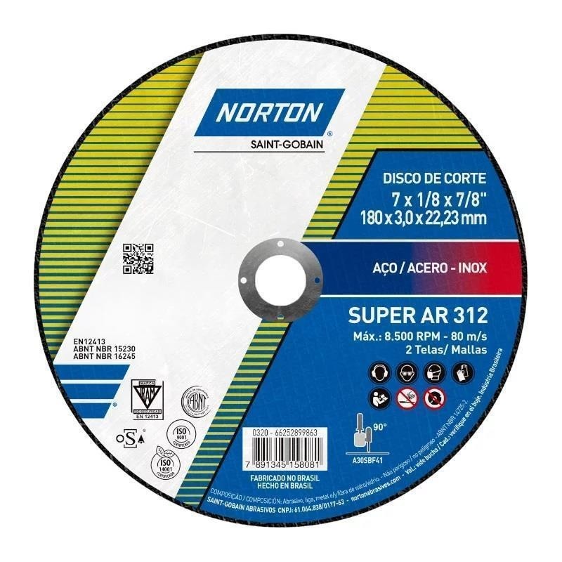 Disco Corte Ferro 180mm P/Esmerilhadeira 7" Norton AR312