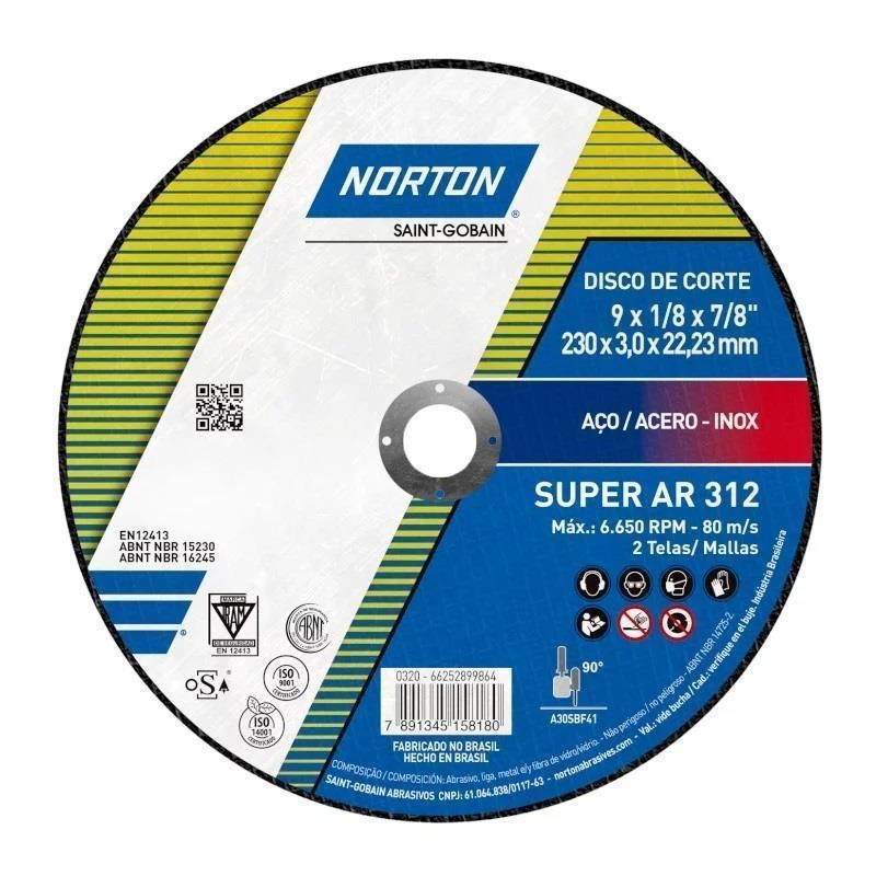 Disco Corte Ferro 230mm P/Esmerilhadeira 9" Norton AR312