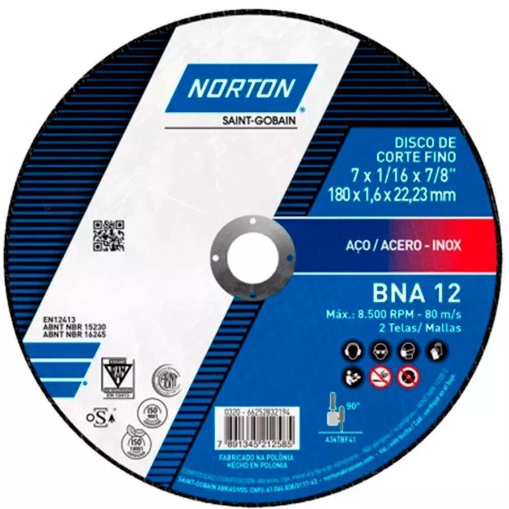 Disco Corte Inox 180mm Fino Esmerilhadeira 7" Norton BNA12