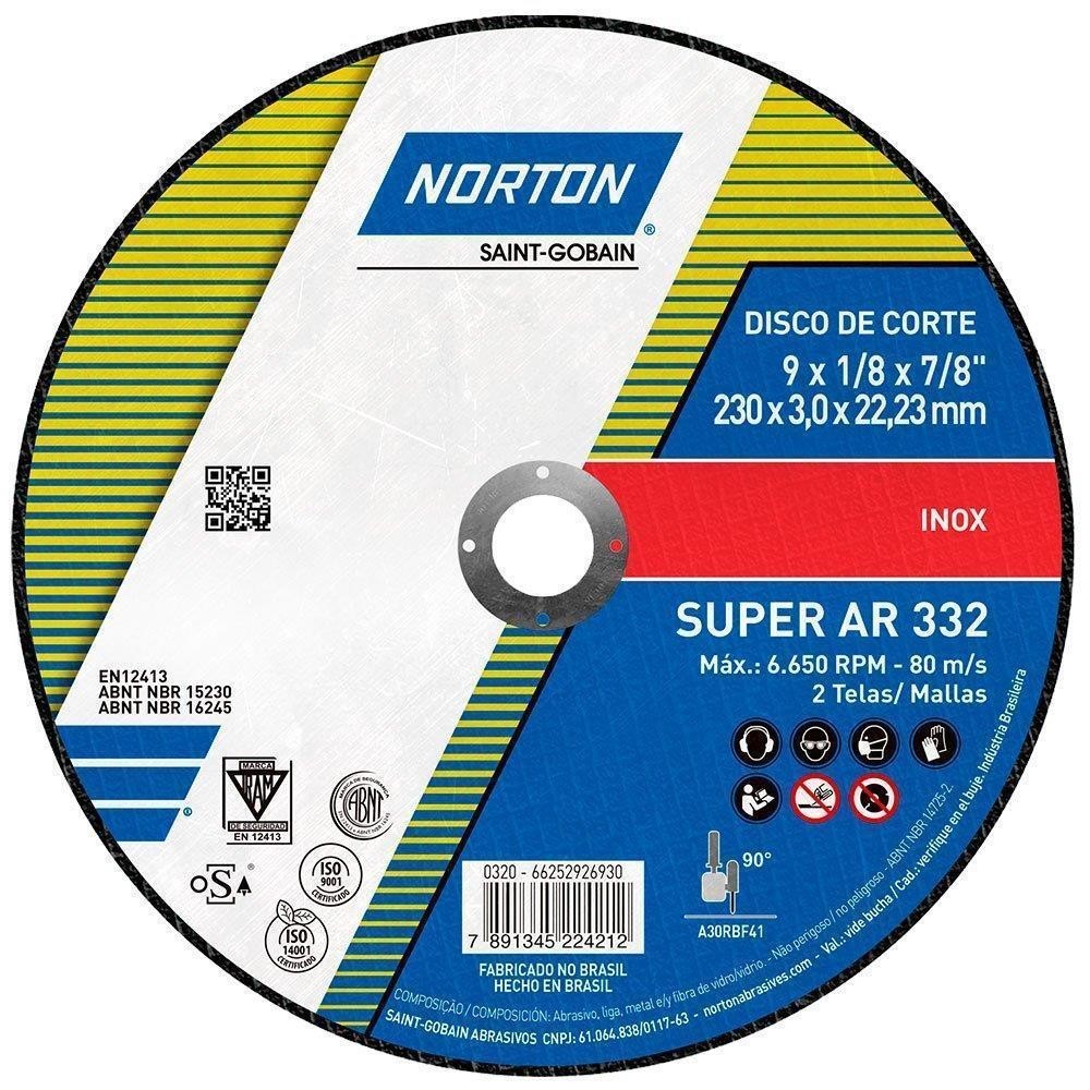 Disco Corte Inox 230mm Esmerilhadeira 9" Norton AR332