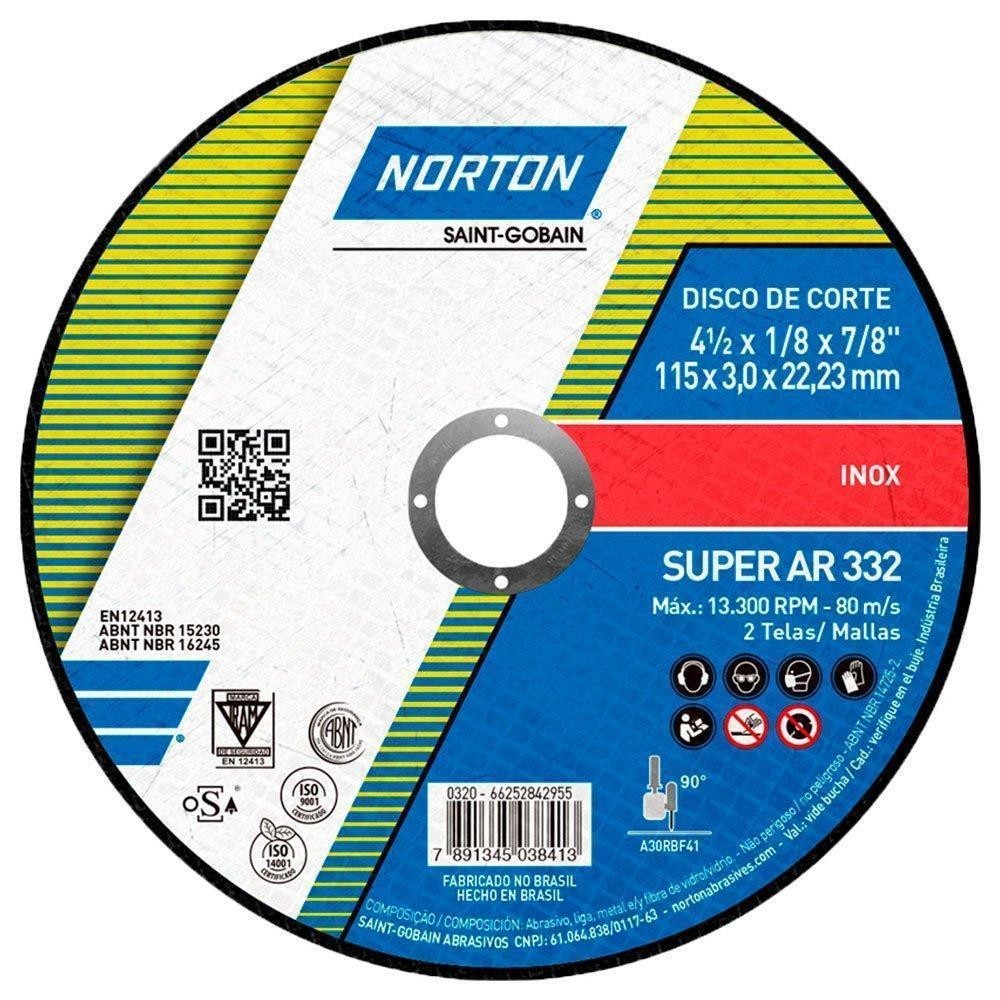 Disco Corte Inox 115mm Esmerilhadeira 4.1/2"Norton AR332